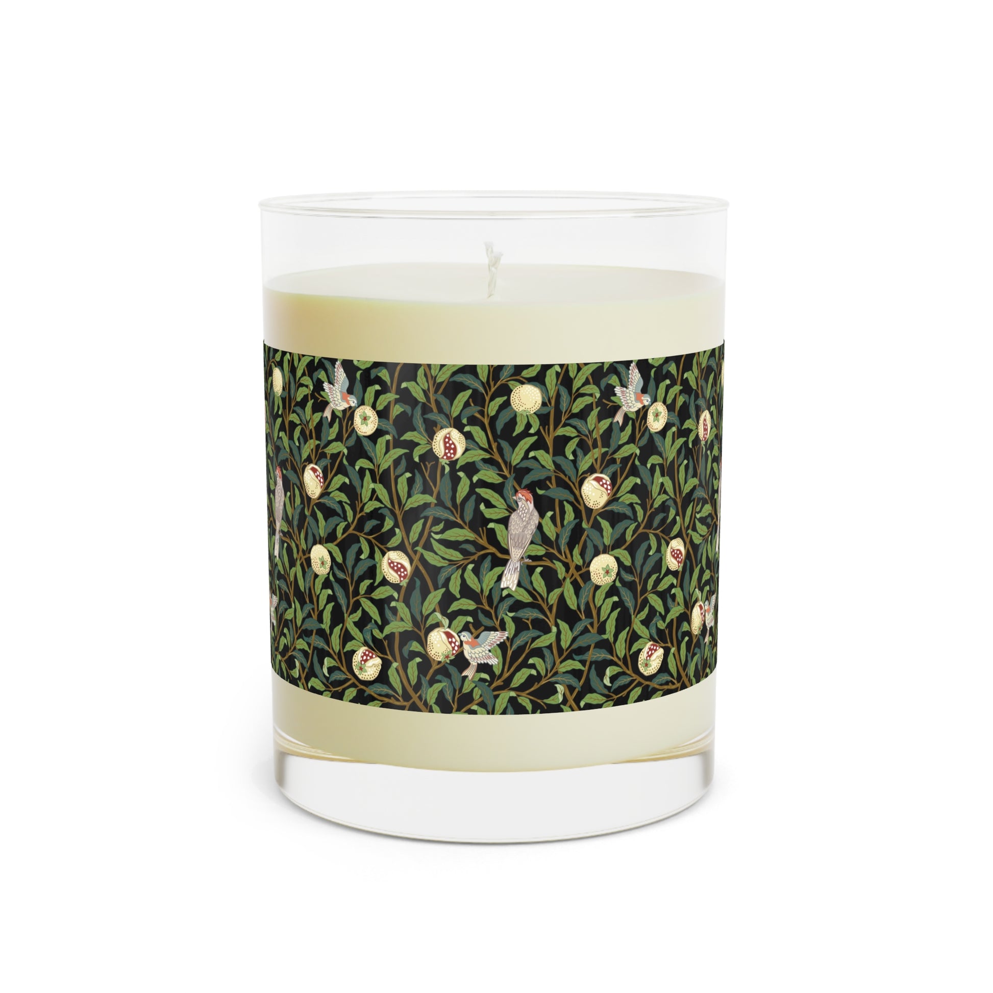 Luxury Scented Candle in an Arts & Crafts pattern inspired by William Morris & Co called Bird and Pomegranate Collection (Onyx) by Kathleen Kersey