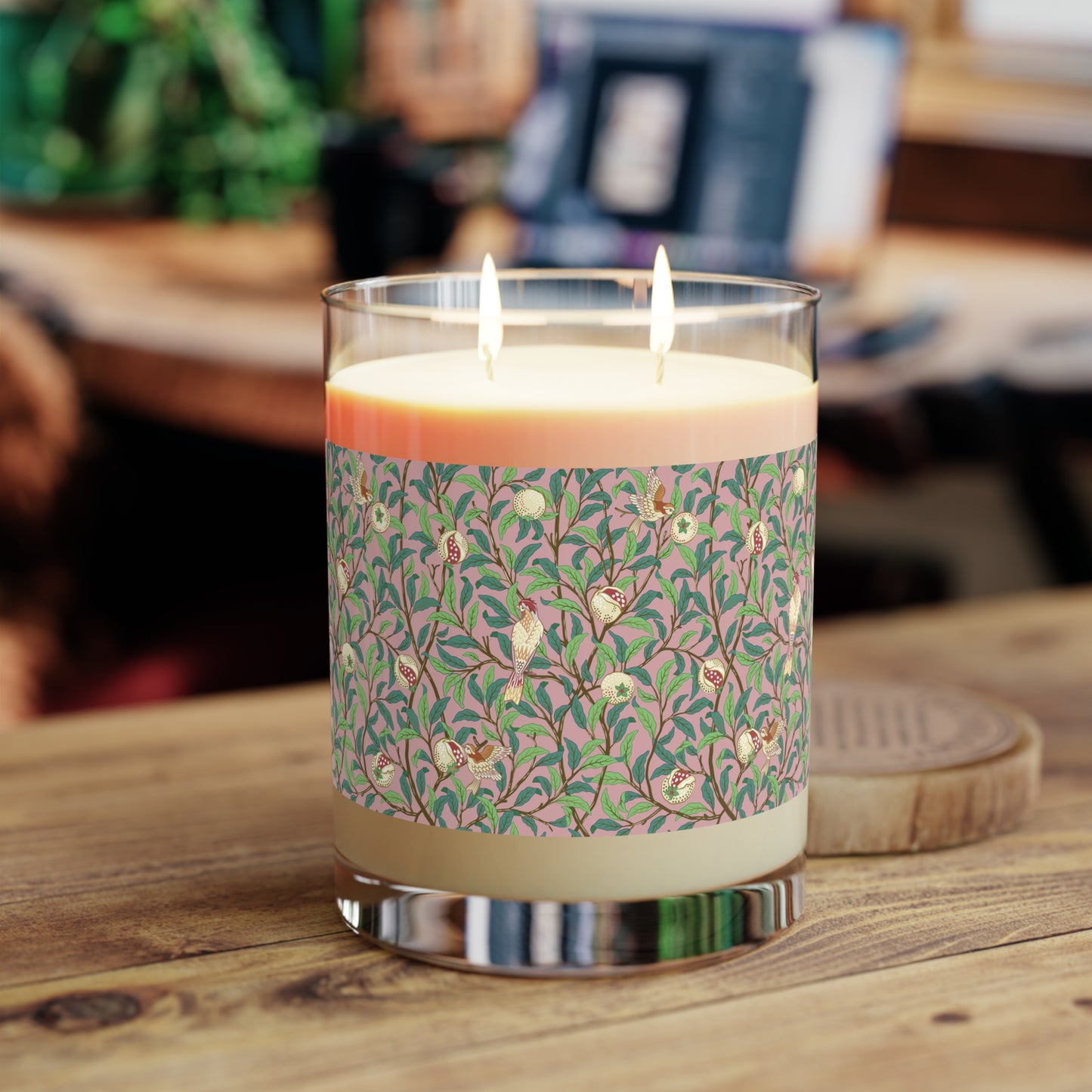 Luxury Scented Candle in an Arts & Crafts pattern inspired by William Morris & Co called Bird and Pomegranate Collection (Rosella) by Kathleen Kersey