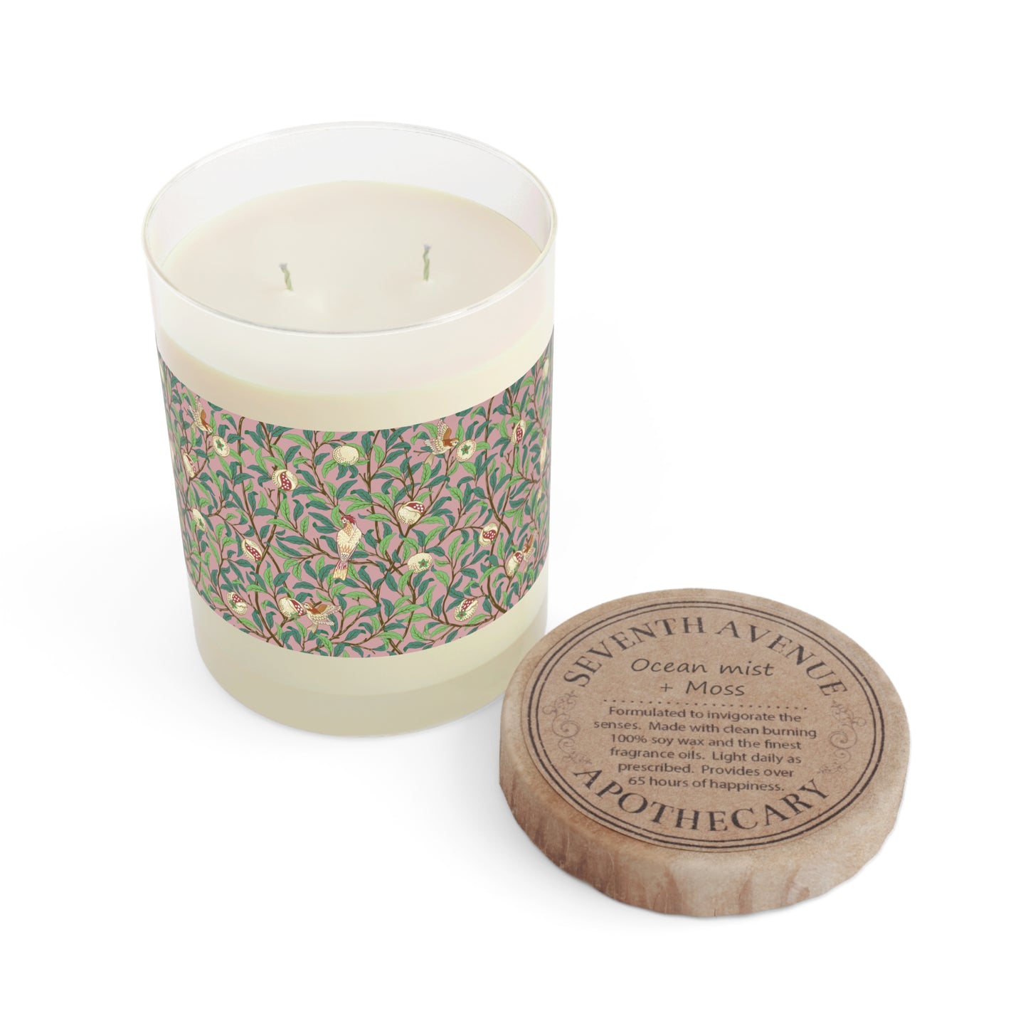 Luxury Scented Candle in an Arts & Crafts pattern inspired by William Morris & Co called Bird and Pomegranate Collection (Rosella) by Kathleen Kersey