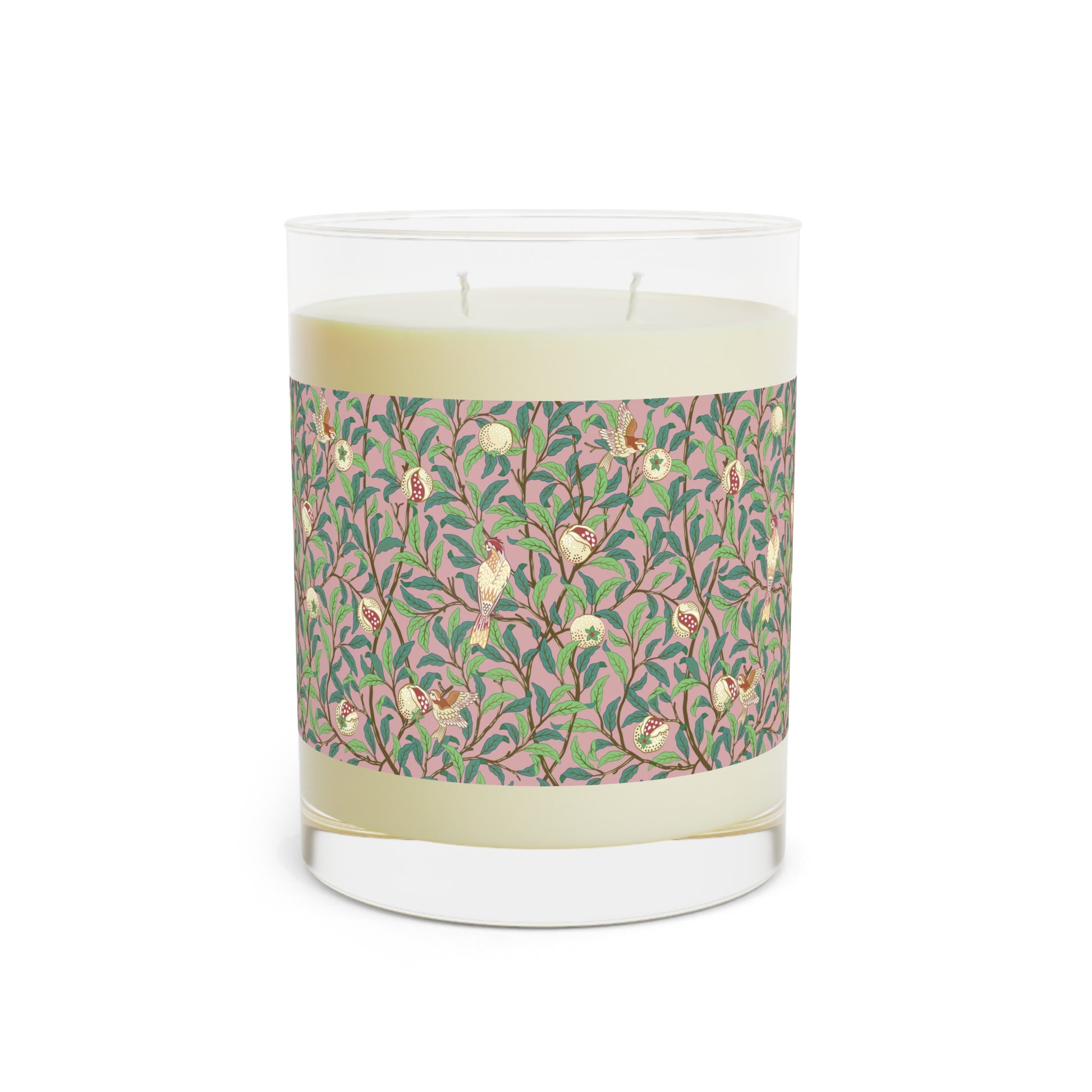 Luxury Scented Candle in an Arts & Crafts pattern inspired by William Morris & Co called Bird and Pomegranate Collection (Rosella) by Kathleen Kersey