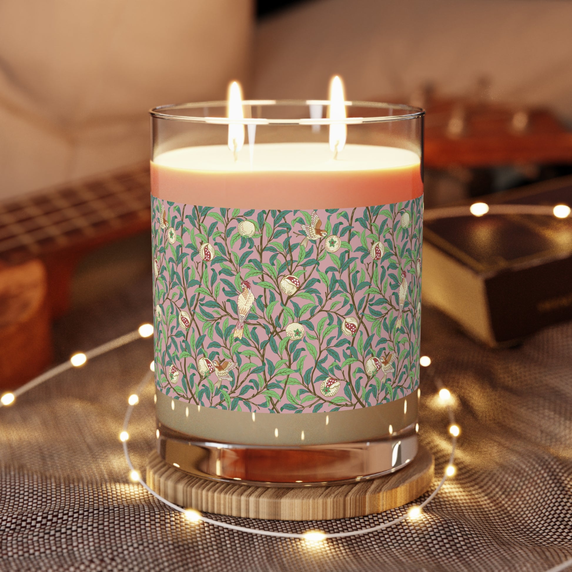 Luxury Scented Candle in an Arts & Crafts pattern inspired by William Morris & Co called Bird and Pomegranate Collection (Rosella) by Kathleen Kersey