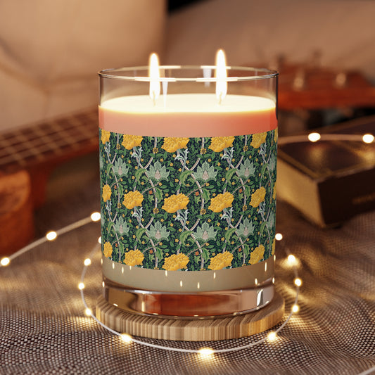 Luxury Scented Candle in an Arts & Crafts pattern inspired by William Morris & Co called Chrysanthemum Collection (Yellow and Green)