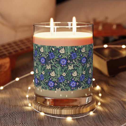 Luxury Scented Candle from an Arts & Crafts pattern inspired by William Morris & Co called Compton Collection (Bluebell Cottage) in Blue, Green and Beige
