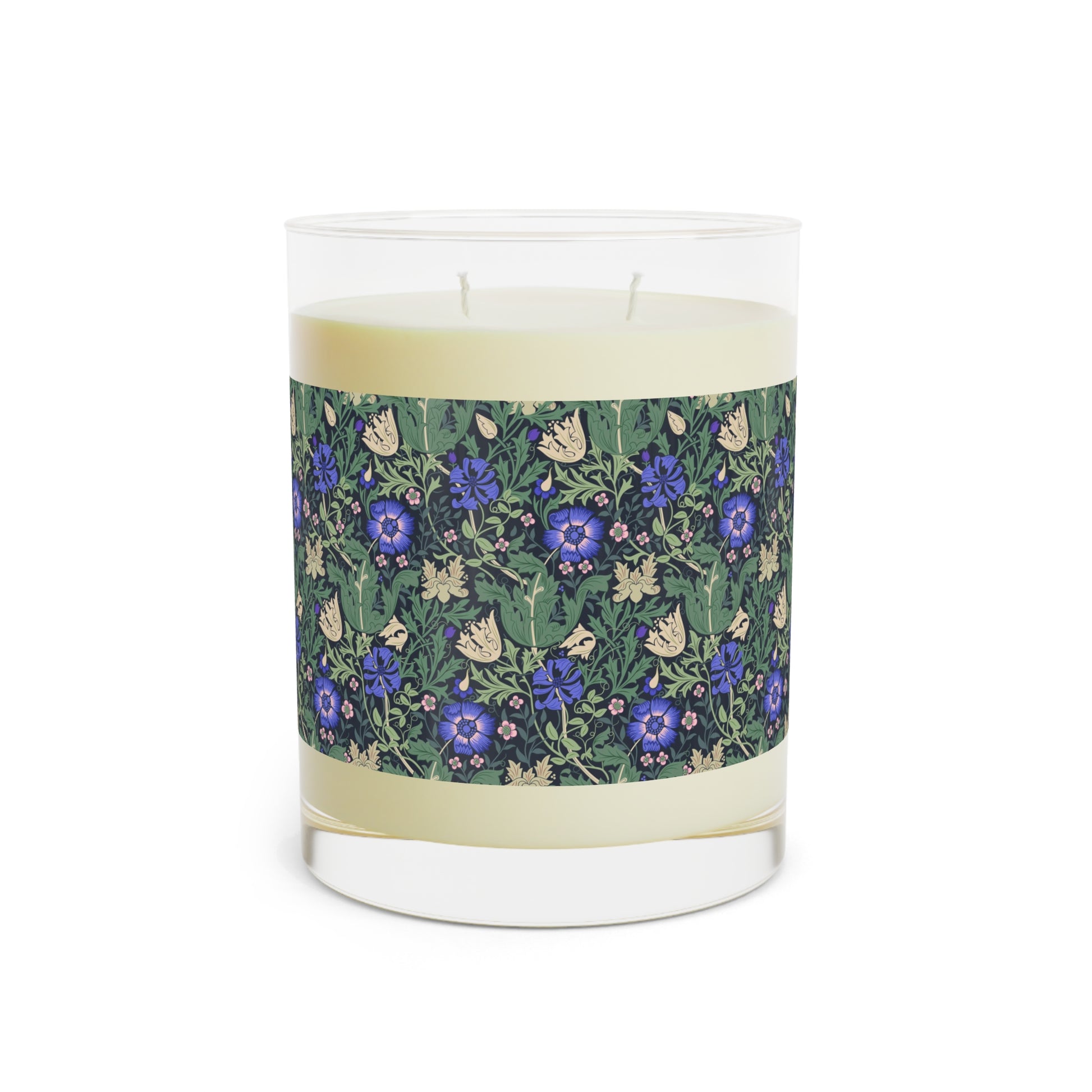 Luxury Scented Candle from an Arts & Crafts pattern inspired by William Morris & Co called Compton Collection (Bluebell Cottage) in Blue, Green and Beige