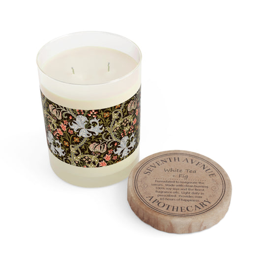 Luxury Scented Candle in an Arts & Crafts pattern inspired by William Morris & Co called Golden Lily Collection (Midnight)