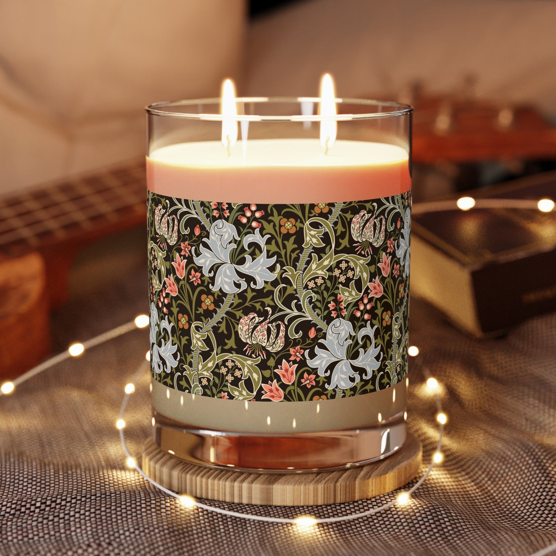 Luxury Scented Candle in an Arts & Crafts pattern inspired by William Morris & Co called Golden Lily Collection (Midnight)