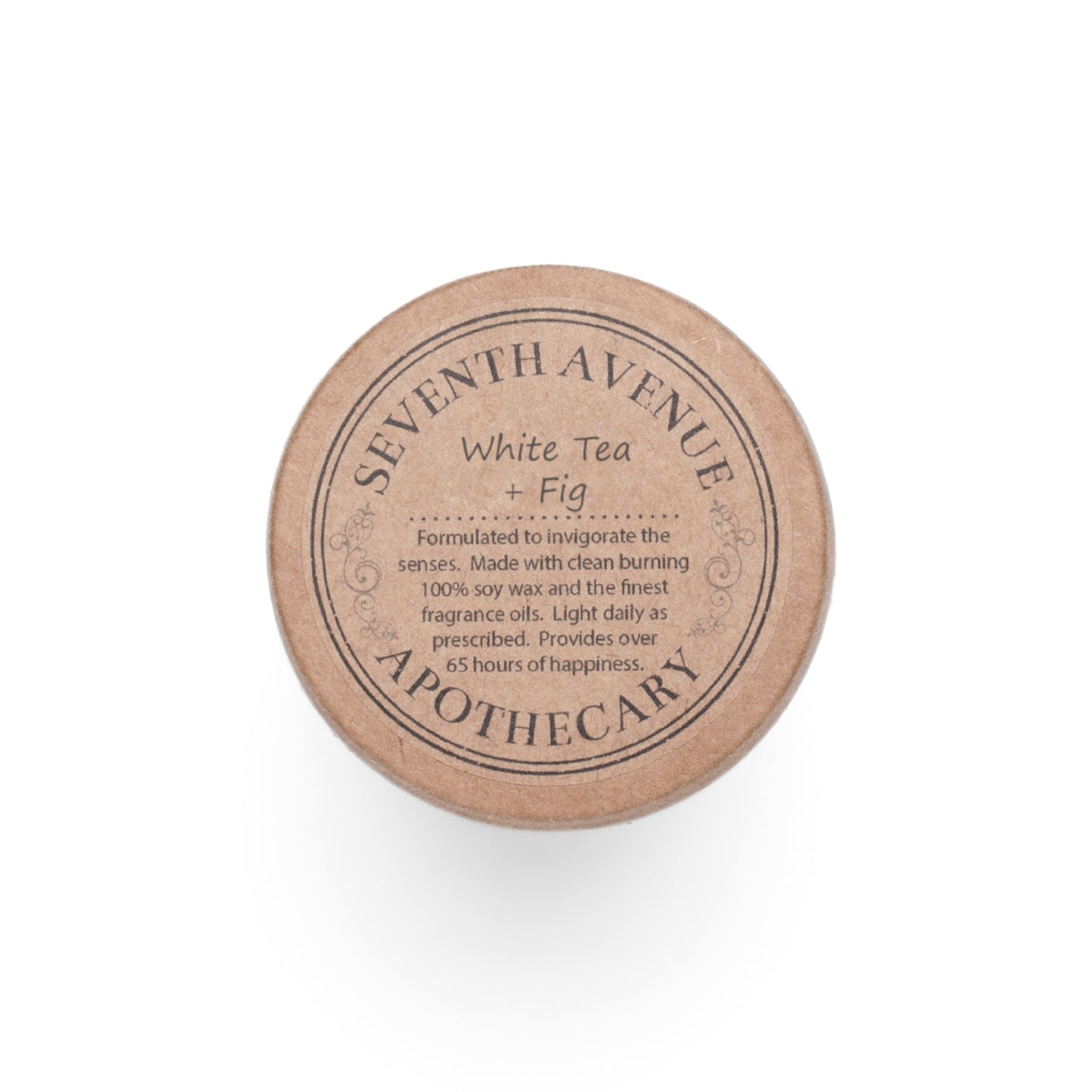 A clear candle with a lavender and sage William Morris & Co design called Pimpernel on the glass lid, alongside a brown cardboard lid with product information.