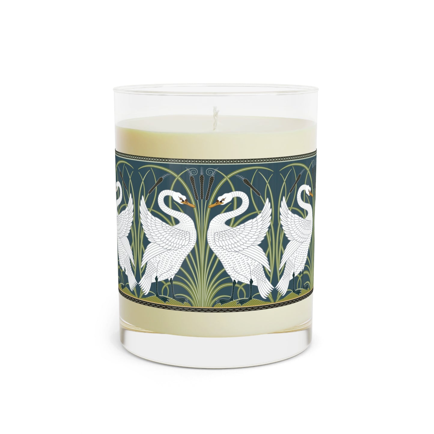 A clear glass candle with a white swan design on the label, alongside a brown cardboard lid with text.