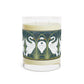 A clear glass candle with a white swan design on the label, alongside a brown cardboard lid with text.