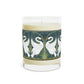 A clear glass candle with a white swan design on the label, alongside a brown cardboard lid with text.