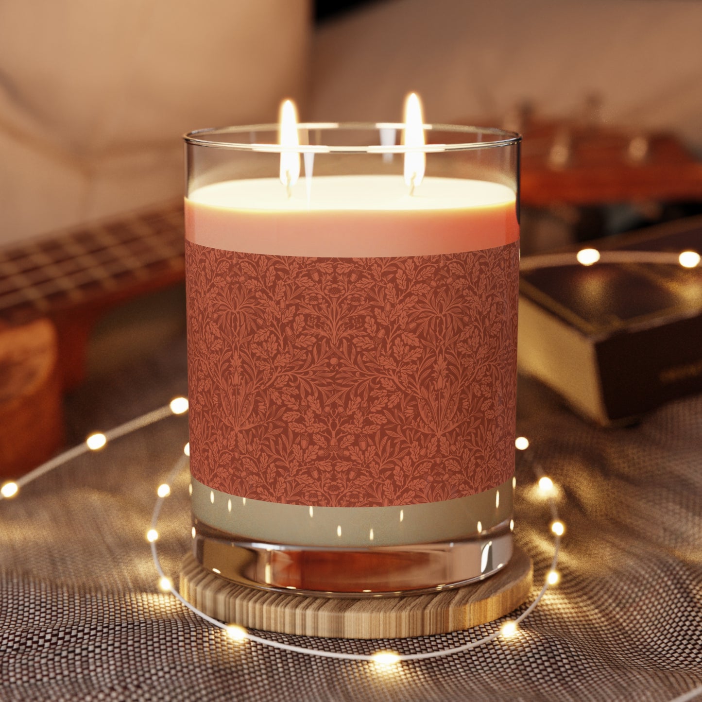 Luxury Scented Candle in an Arts & Crafts pattern inspired by William Morris & Co called Acorns and Oak Leaves Collection (Rust)