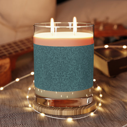 Luxury Scented Candle in a glass jar with a label pattern by William Morris & Co called Acorns and Oak Leaves Collection (Teal)