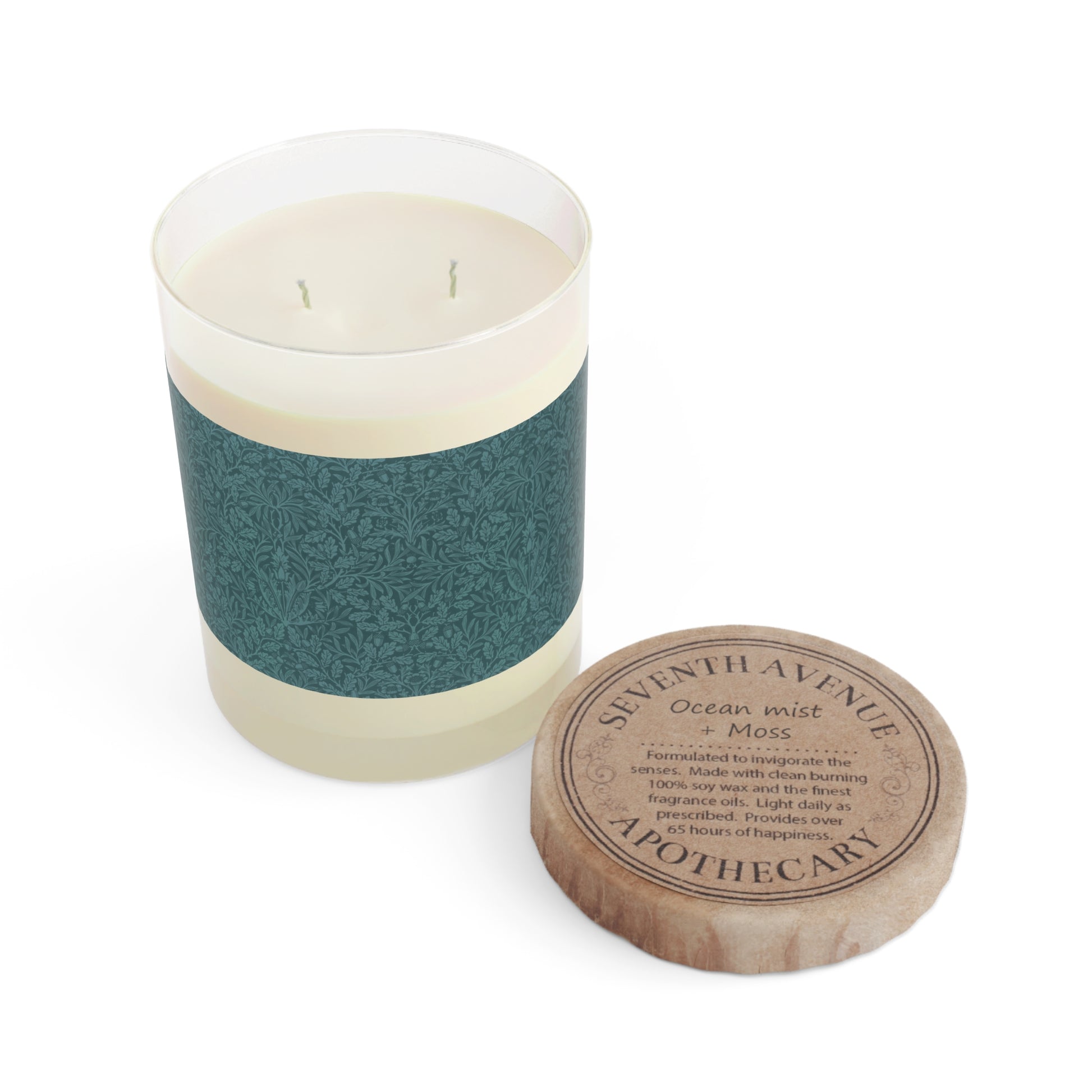 Luxury Scented Candle in a glass jar with a label pattern by William Morris & Co called Acorns and Oak Leaves Collection (Teal)