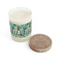 A two-wick soy candle in a clear glass vessel with a cream-colored wax and a green and white botanical patterned label, shown next to its round wooden lid on a white background. The lid is engraved with the brand name 'APOTHECARY' and scent name 'SUNTHAVENUE'.