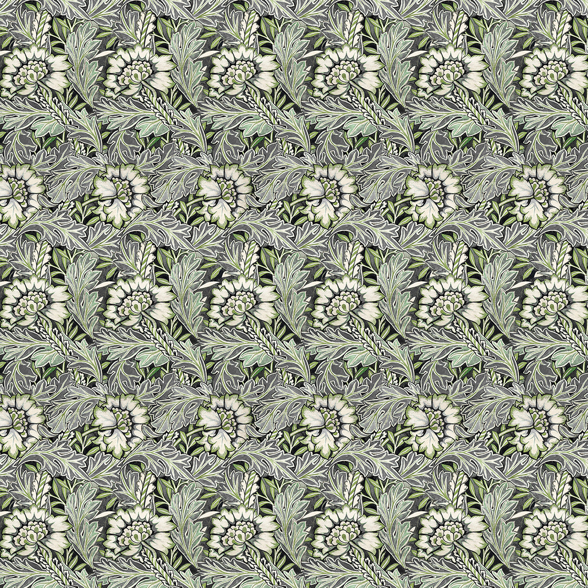 Patterned fabric with floral and leaf design in green and white.