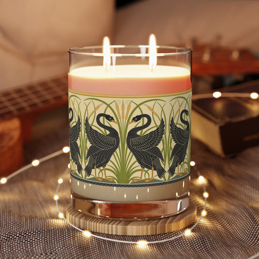 Luxury Scented Candle in a glass jar with a patterned label in a design by William Morris & Co. called Black Swan Collection (Cygnus Aatratus)