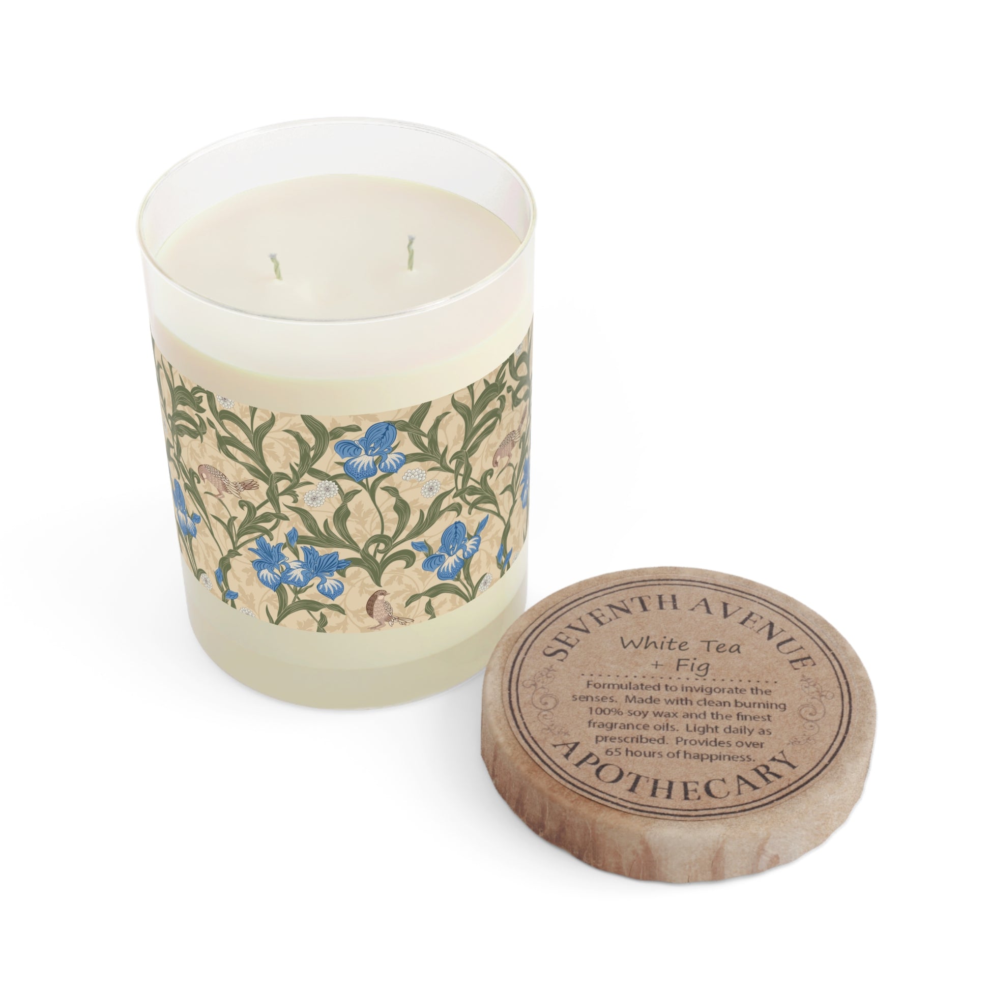 Luxury Scented Candle in an Arts & crafts pattern inspired by William Morris & Co called Blue Iris Collection