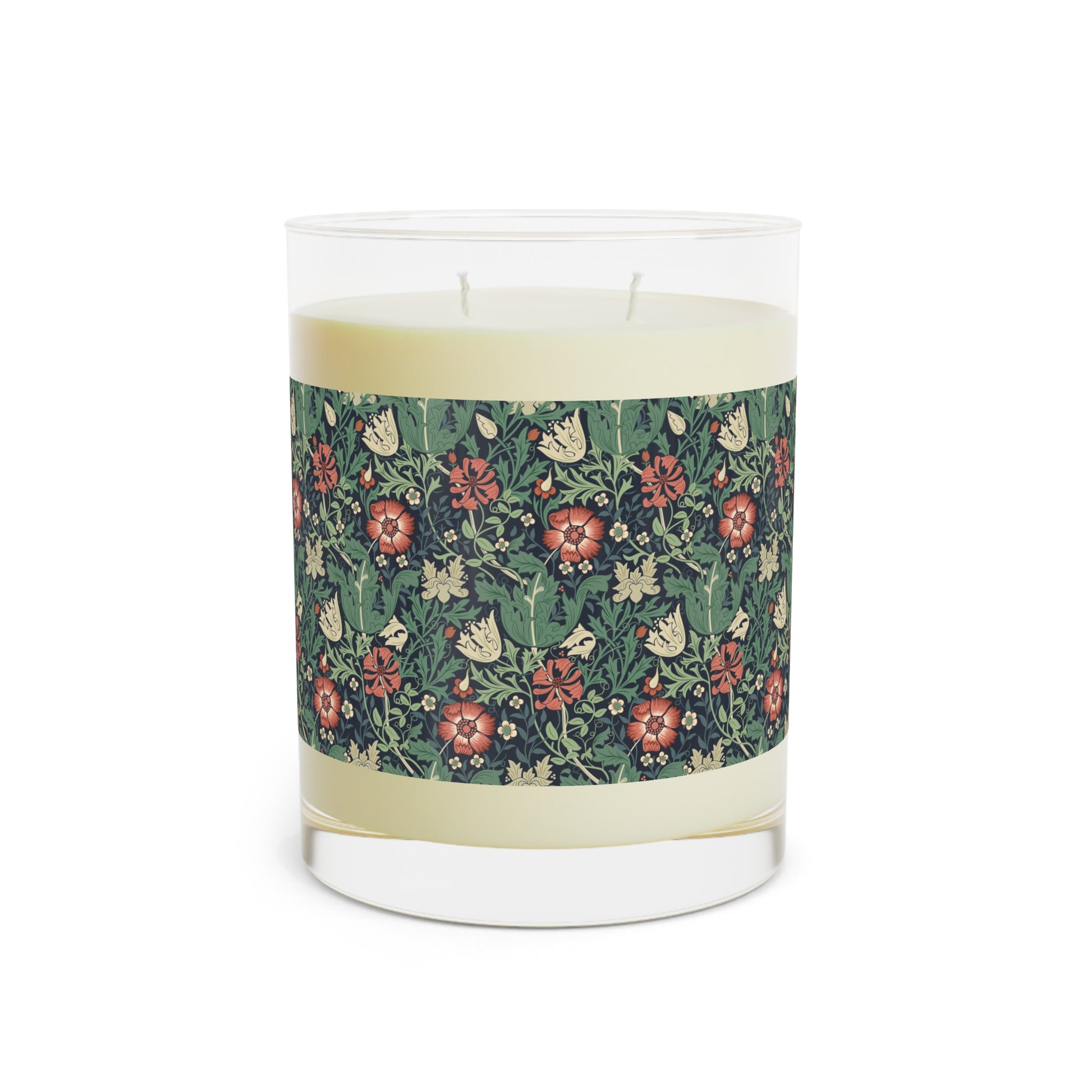 Luxury Scented Candle  in an Arts & Crafts pattern inspired by William Morris & Co called Compton Collection (Hill Cottage) in Red, Blue, Green and Beige