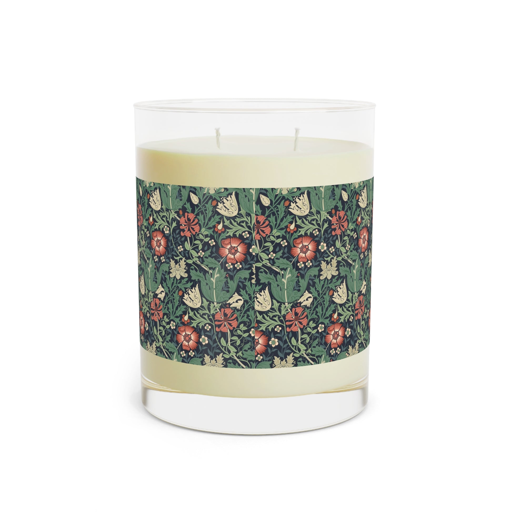 Luxury Scented Candle  in an Arts & Crafts pattern inspired by William Morris & Co called Compton Collection (Hill Cottage) in Red, Blue, Green and Beige