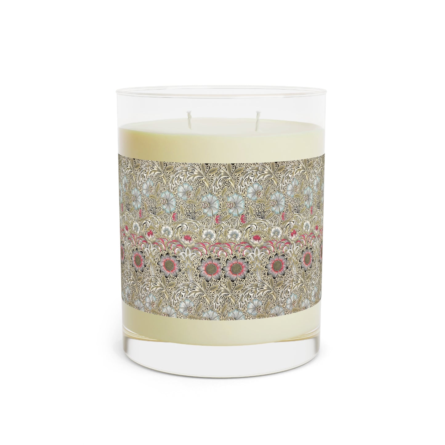 Luxury Scented Candle in an Arts & Crafts pattern inspired by William Morris & Co called Corncockle Collection (Gold, blue, pink and white)