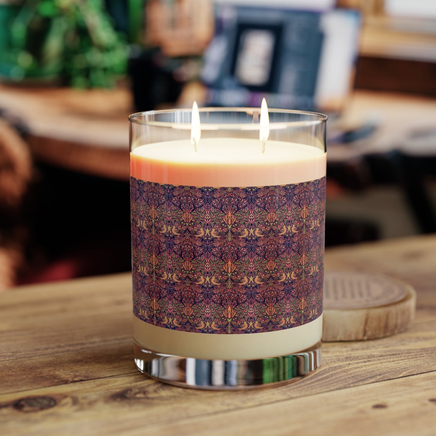 Luxury Scented Candle in an Arts & Crafts patter inspired by William Morris & Co called Dove & Rose Collection (Pink, Purple and Orange)