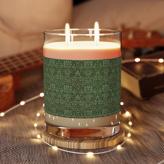Luxury Scented Candle in an Arts & Crafts pattern inspired by William Morris & Co called Flower Garden Collection in Green and Brown