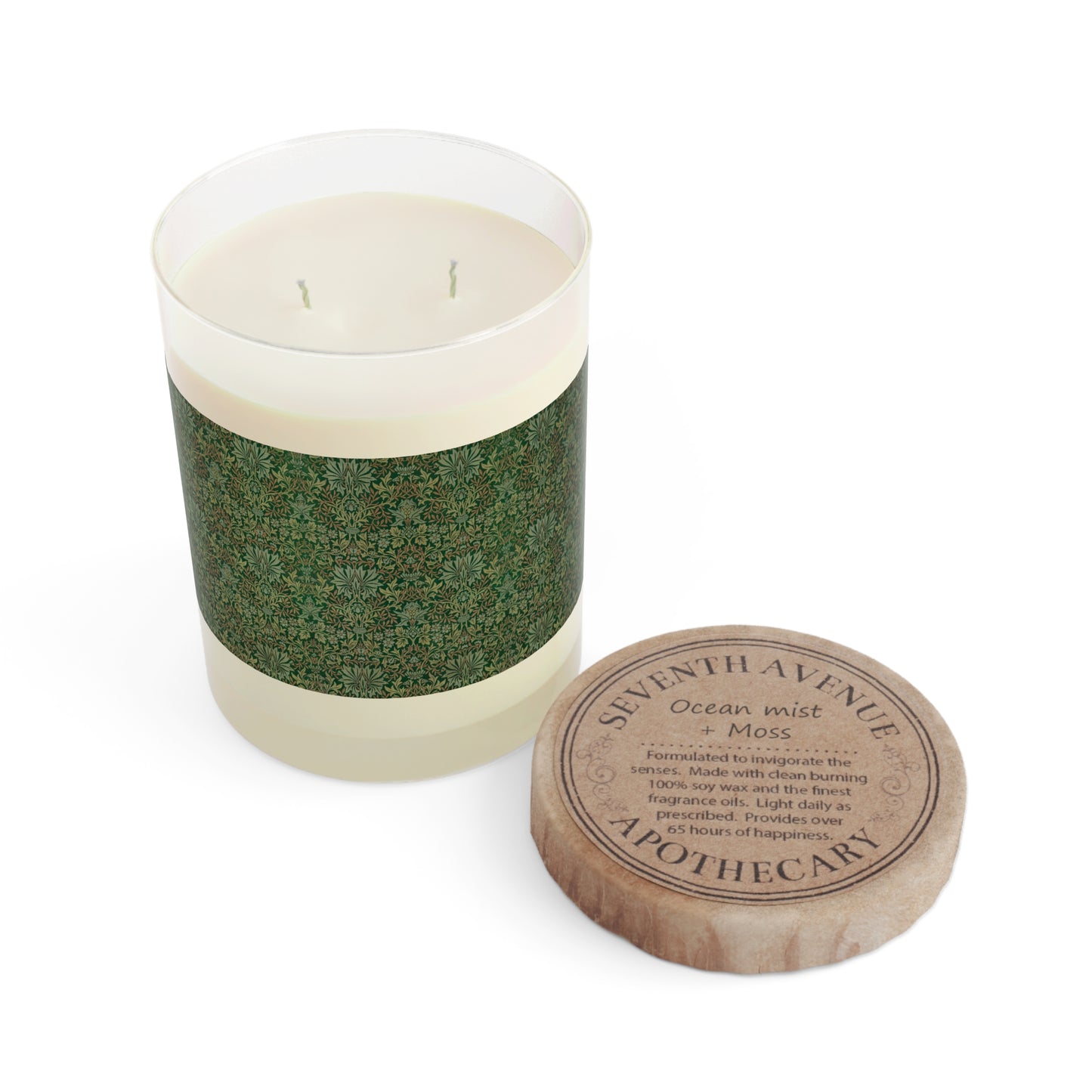 Luxury Scented Candle in an Arts & Crafts pattern inspired by William Morris & Co called Flower Garden Collection in Green and Brown
