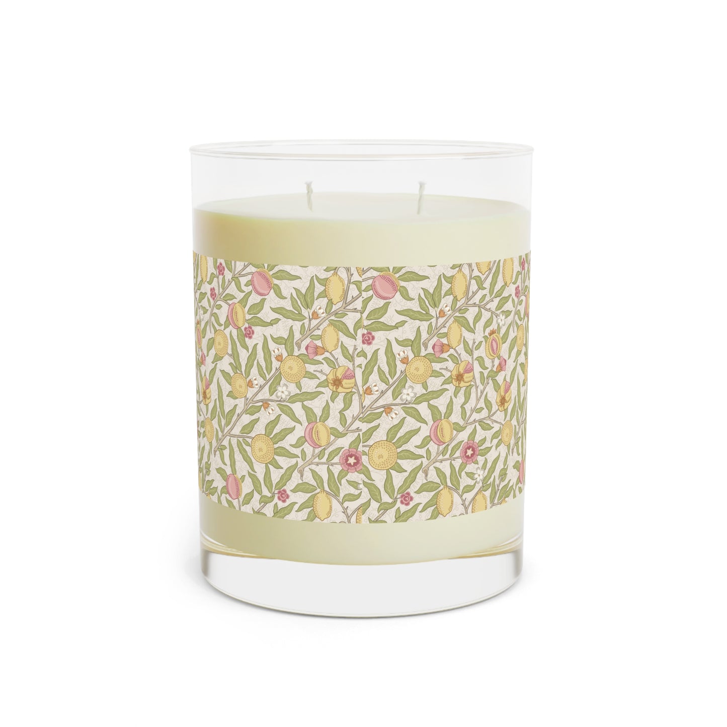 Candle with floral patterned label on a white background