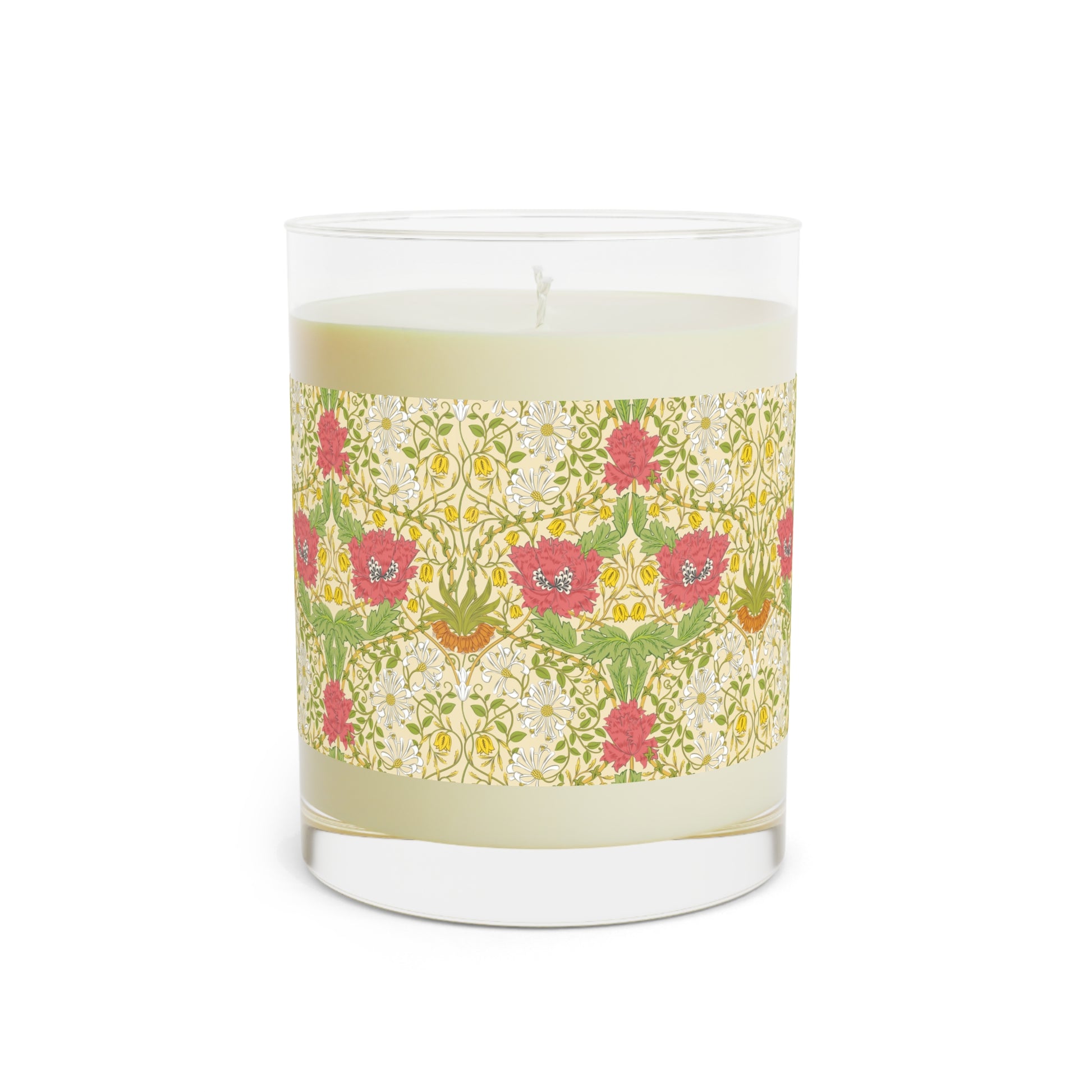 Candle with floral patterned label on a white background