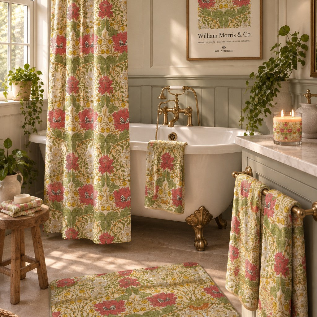 A bathroom scene featuring a floral shower curtain, matching bath towel, bath mat, and folded towels in a vintage-inspired setting with a clawfoot tub, brass fixtures, and green plants.