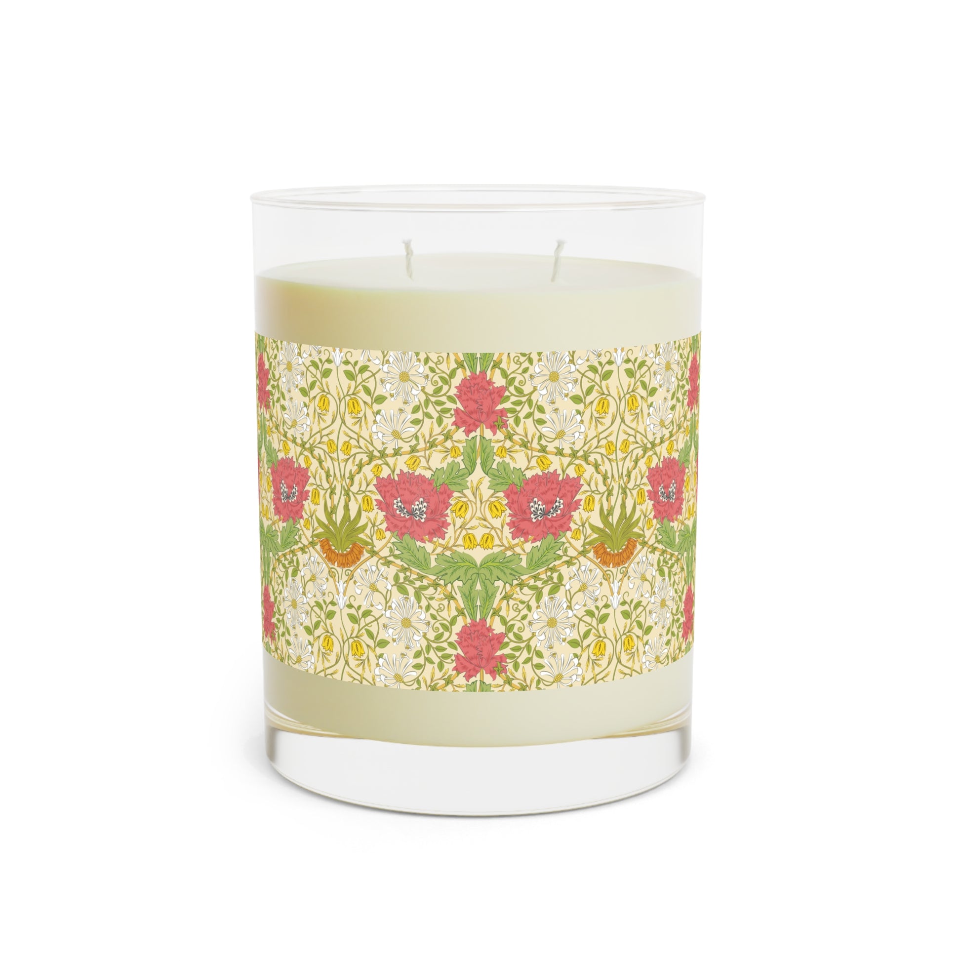 Candle with floral patterned label on a white background