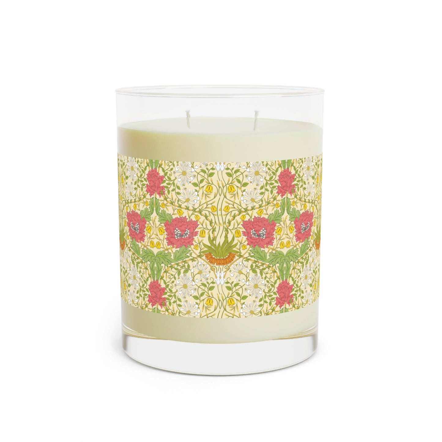 Candle with floral patterned label on a white background