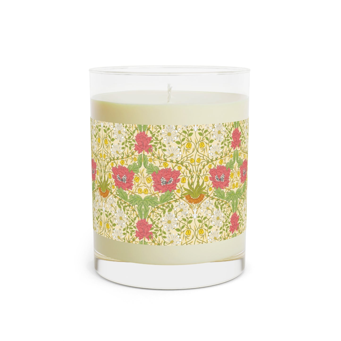 Candle with floral patterned label on a white background