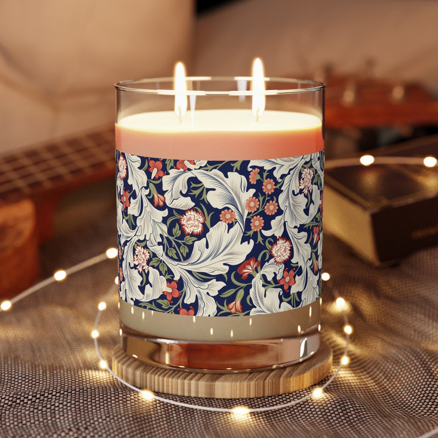 Luxury Scented Candle in an Arts & Crafts  floral pattern inspired by William Morris & Co called Leicester Collection (Royal)