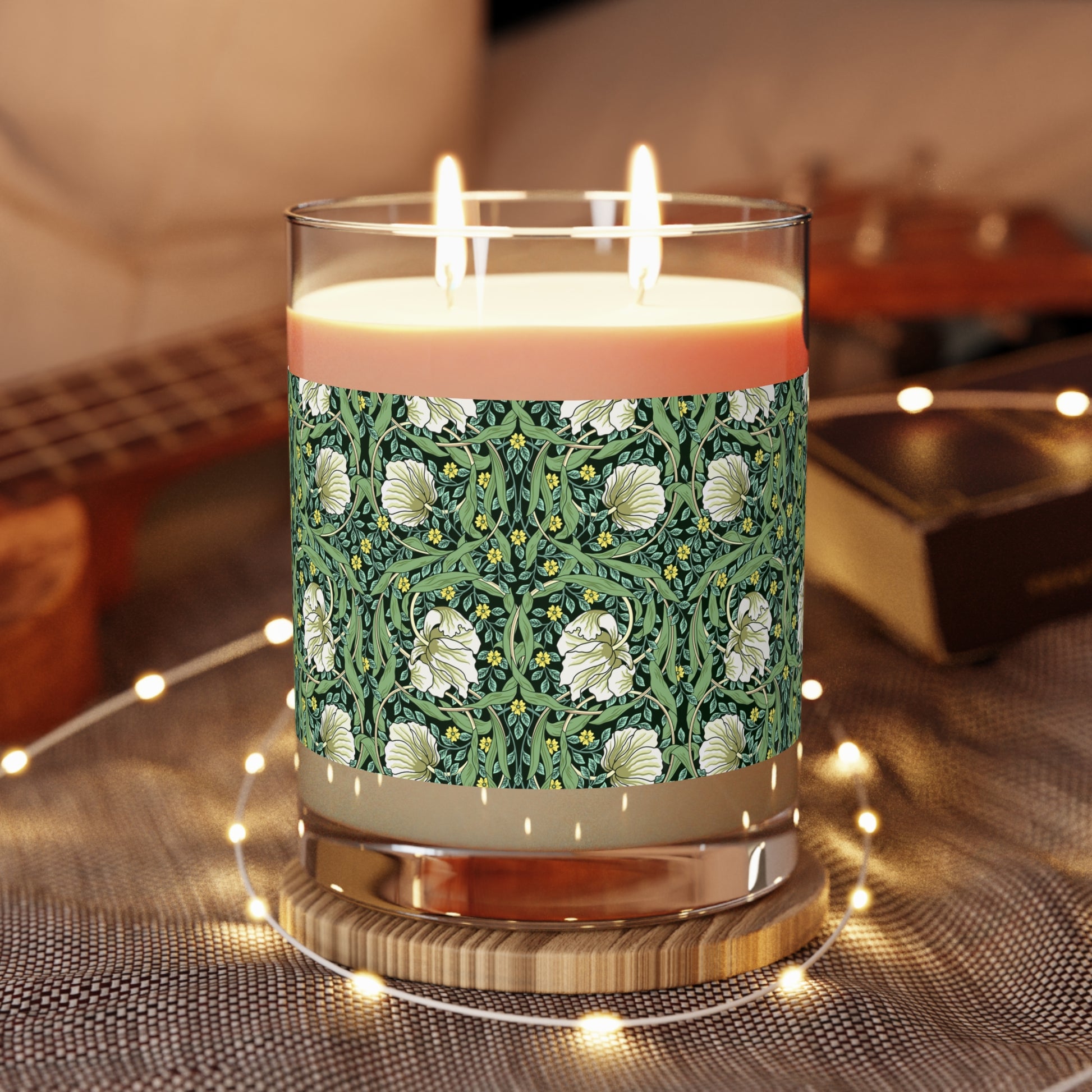 Luxury Scented Candle in an Arts & Crafts pattern inspired by William Morris & Co called Pimpernel Collection (Green)
