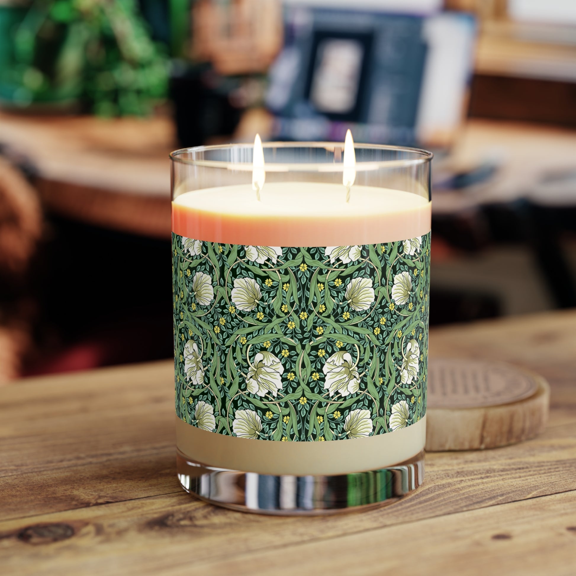 Luxury Scented Candle in an Arts & Crafts pattern inspired by William Morris & Co called Pimpernel Collection (Green)
