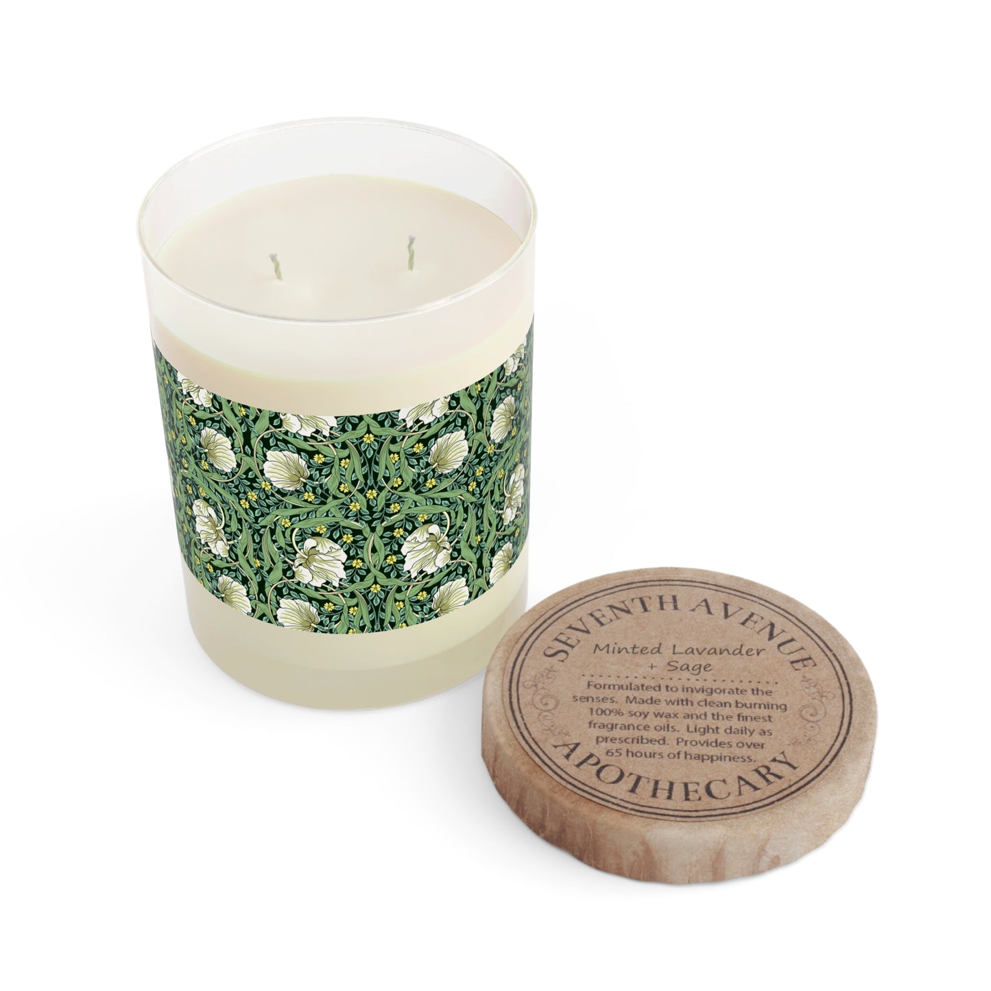 Luxury Scented Candle in an Arts & Crafts pattern inspired by William Morris & Co called Pimpernel Collection (Green)
