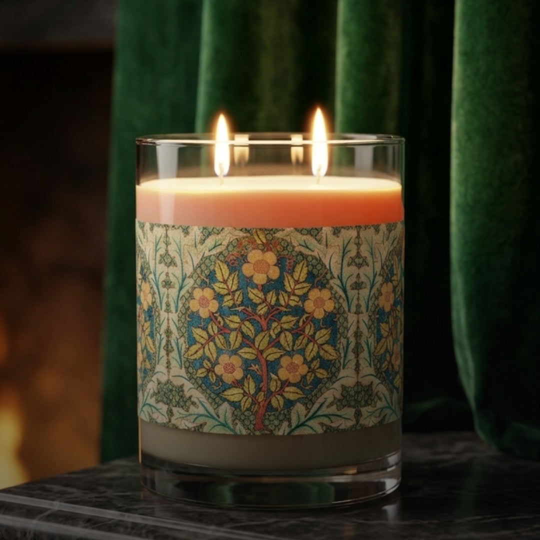 A lit double-wick candle in a clear glass jar with a detailed floral and botanical label, set against a dark green velvet curtain background.
