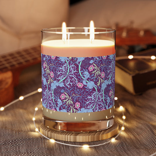 William Morris & Co luxury scented candle in a white jar with a floral Seaweed pattern, accompanied by a brown cardboard lid.