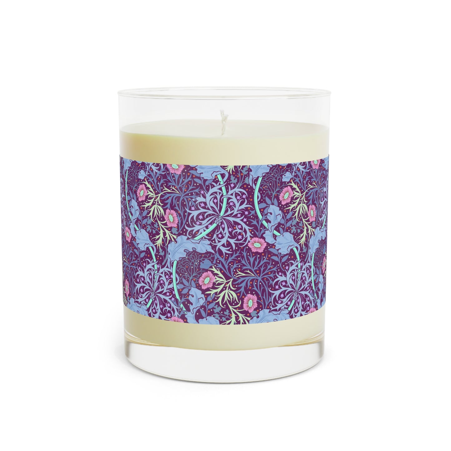 William Morris & Co luxury scented candle in a white jar with a floral Seaweed pattern, accompanied by a brown cardboard lid.
