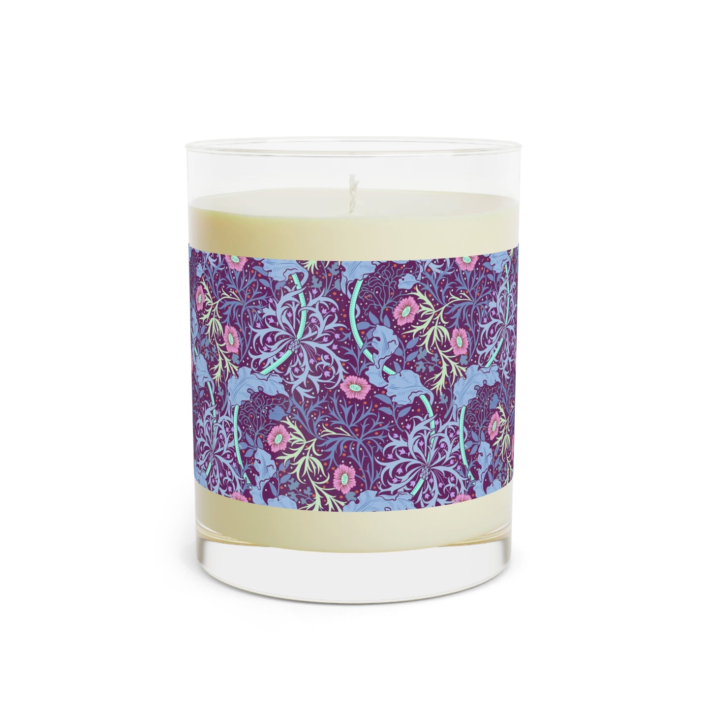 William Morris & Co luxury scented candle in a white jar with a floral Seaweed pattern, accompanied by a brown cardboard lid.