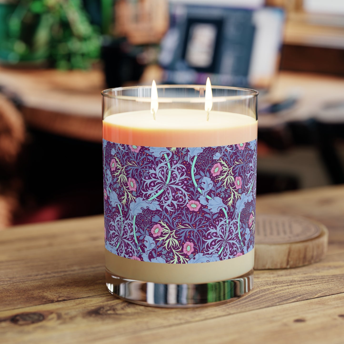 William Morris & Co luxury scented candle in a white jar with a floral Seaweed pattern, accompanied by a brown cardboard lid.