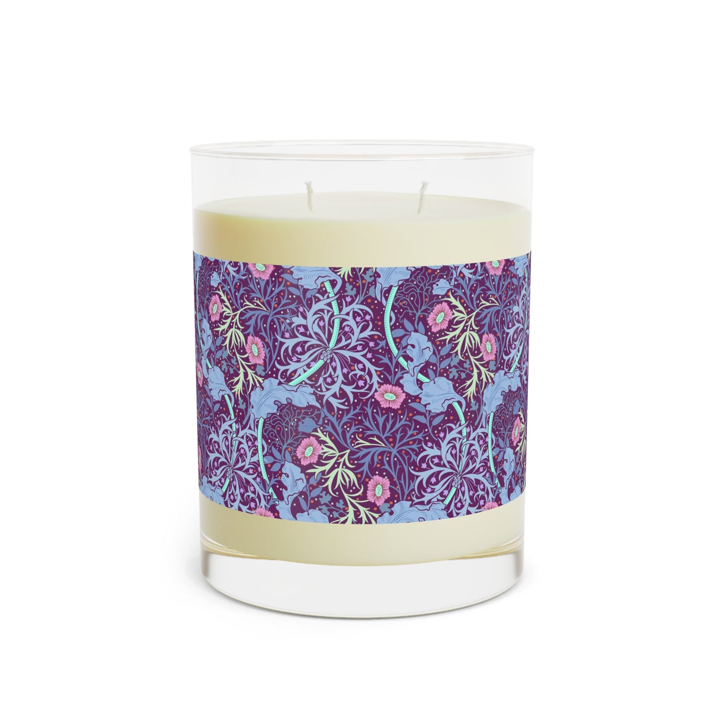William Morris & Co luxury scented candle in a white jar with a floral Seaweed pattern, accompanied by a brown cardboard lid.
