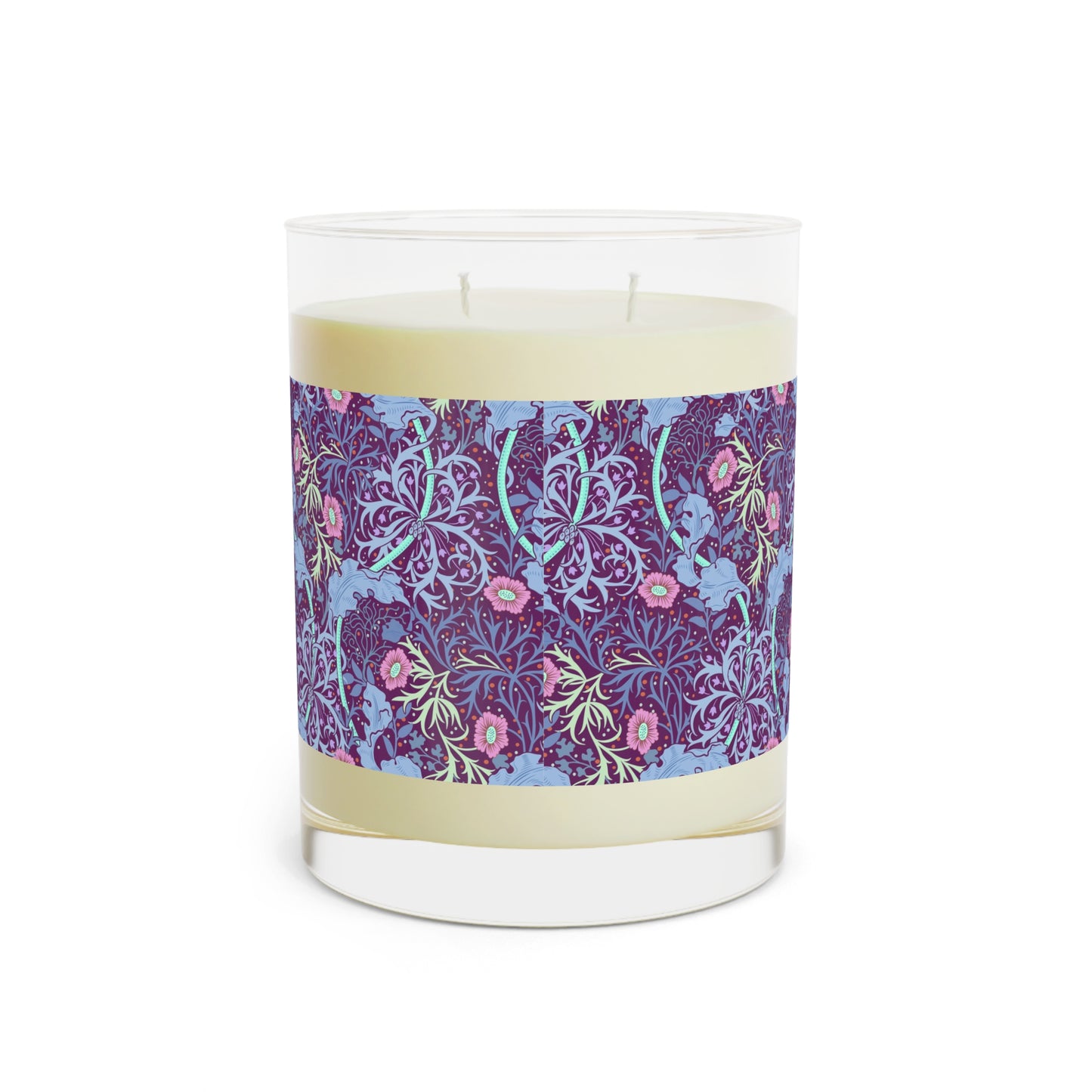 William Morris & Co luxury scented candle in a white jar with a floral Seaweed pattern, accompanied by a brown cardboard lid.