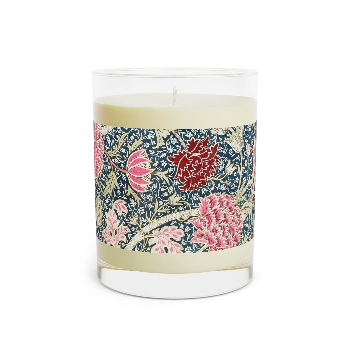 Luxury Scented Candle in a glass jar with a brown paper lid inspired by William Morris  & Co in an Arts & Crafts pattern called Cray with pink and blue flowers