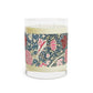 Luxury Scented Candle in a glass jar with a brown paper lid inspired by William Morris  & Co in an Arts & Crafts pattern called Cray with pink and blue flowers