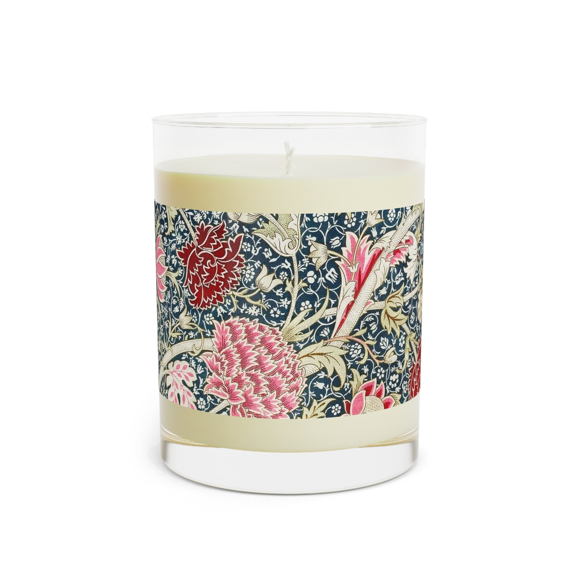 Luxury Scented Candle in a glass jar with a brown paper lid inspired by William Morris  & Co in an Arts & Crafts pattern called Cray with pink and blue flowers