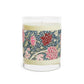 Luxury Scented Candle in a glass jar with a brown paper lid inspired by William Morris  & Co in an Arts & Crafts pattern called Cray with pink and blue flowers