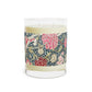 Luxury Scented Candle in a glass jar with a brown paper lid inspired by William Morris  & Co in an Arts & Crafts pattern called Cray with pink and blue flowers