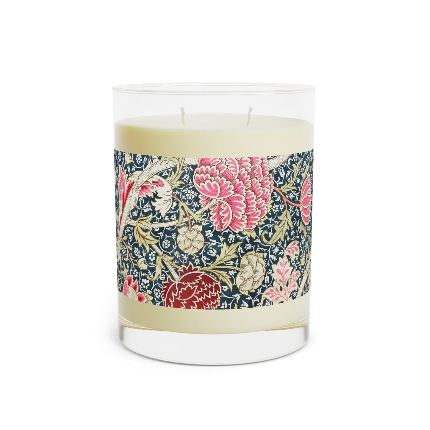 Luxury Scented Candle in a glass jar with a brown paper lid inspired by William Morris  & Co in an Arts & Crafts pattern called Cray with pink and blue flowers